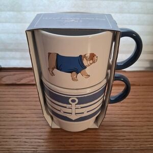 Nautical Bulldog Stacking Coffee Mugs - Blue and White 14.5oz Set Of 2